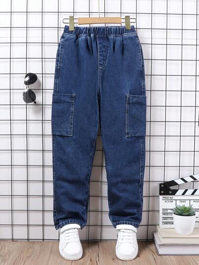 Loose Fit Multi-Pocket Casual Baggy Cone-Shaped Deep Blue Denim Jeans For Tween Boys Summer Holiday