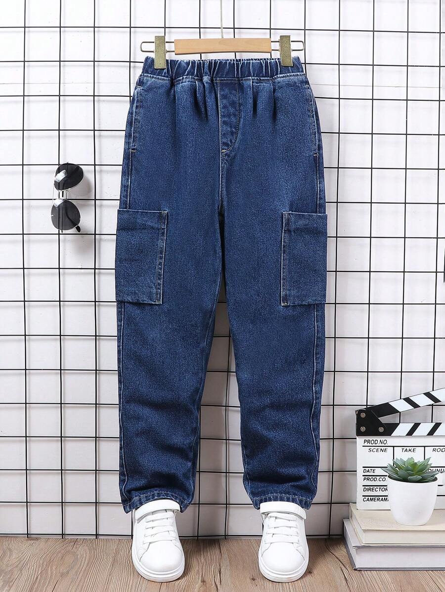 Quần jeans denim xanh đậm dáng rộng nhiều túi thường ngày dáng rộng hình nón cho bé trai tuổi mới lớn - Rửa tối - Xem 1