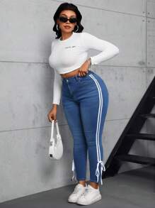 SHEIN SXY Plus Size White Denim Skinny Pants With Ribbon Bow Drawstring - Medium Wash - View 4