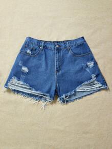 Breezaya Plus Size Solid Color Frayed Hem Ripped Pocket Casual Denim Shorts For Summer - Medium Wash - View 5