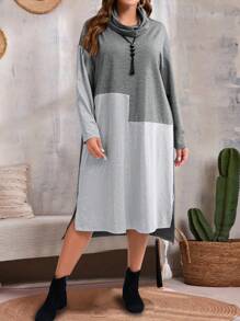 EMERY ROSE Plus Size Casual Loose Fit Colorblock Long Sleeve Dress Fall Clothes - Multicolor - View 6