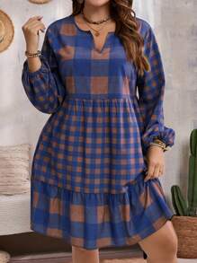 EMERY ROSE Plus Size Ladies Plaid Print Long Sleeve Dress Fall Clothes - Multicolor - View 3