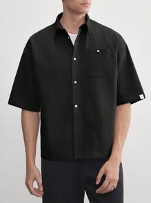AKNOTIC Business Casual 棉质男士宽松休闲编织短袖衬衫，适合夏季日常穿着 - 黑色 - 查看 7
