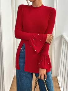 SHEIN Essnce Damen Crop Top mit Rundhalsausschnitt, Langarm, Rippenstruktur, Glockenärmeln und Perl-Dekor in Rot