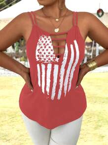 SHEIN LUNE 大码夏季休闲美国国旗印花镂空吊带背心