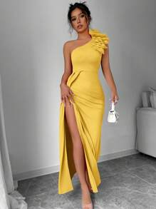 Chiquease Simple Ruched Asymmetrical Neck Slit Dress, Casual & Holiday - Yellow - View 4