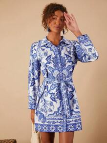 Travachic 女士花卉印花长袖衬衫和休闲短裙，秋季女装 - 藍白色 - 查看 5