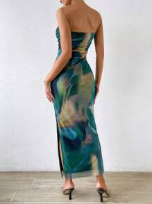 SHEIN PETITE Women's Elegant Tie-Dye Strapless Bodycon Dress Maxi Women Outfit