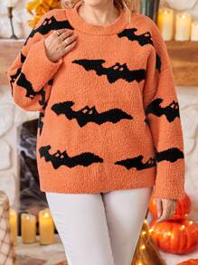 加大码蝙蝠袖橙色蝙蝠图案毛衣，休闲针织套头衫，秋冬款 - 彩色 - 查看 4