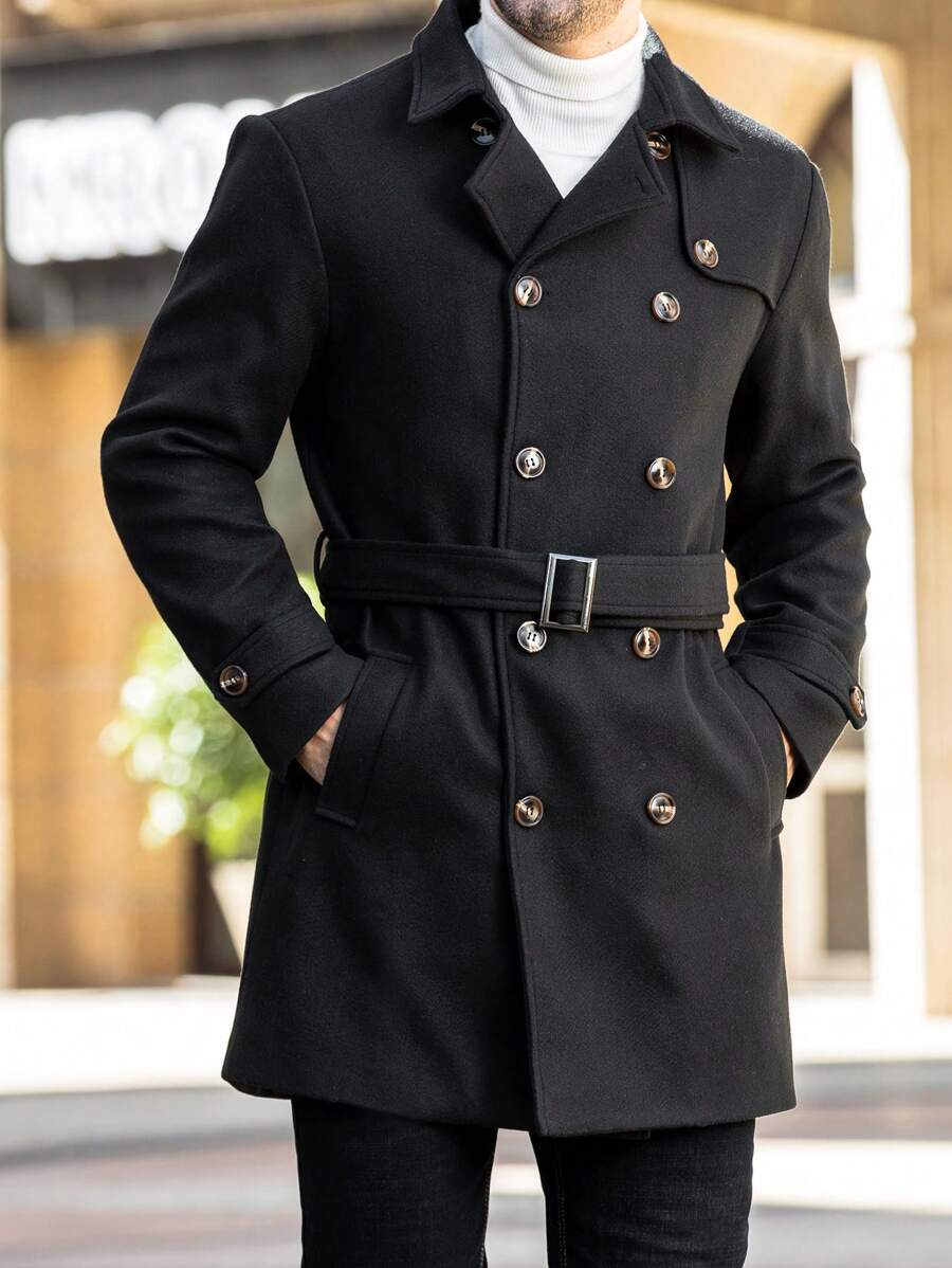 Manfinity Homme Men's Black Autumn Classy Office Double Breasted Trench Coat,Long Sleeve Belted Pocket Jacket,Front Button Business Overcoat Gifts For Husband - Black - View 1