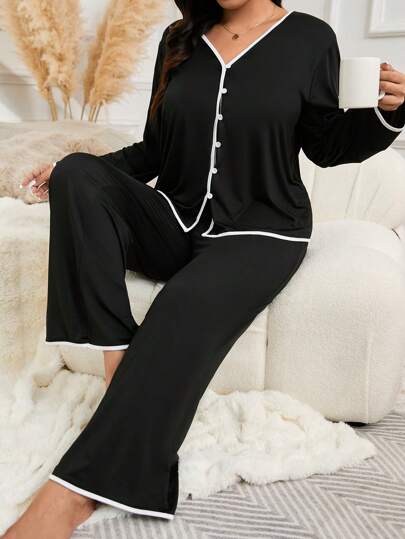 Plus Size Women Contrast Trim Open Front Long Sleeve Top & Pants Pajama Set, Outfits  Cozy And Elegant Details, Fall Clothes