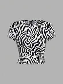 SHEIN EZwear 4pcs/Set Women's Leopard & Zebra Print Milano Pattern Round Neck Short Sleeve Fitted T-Shirts, Summer Wear
