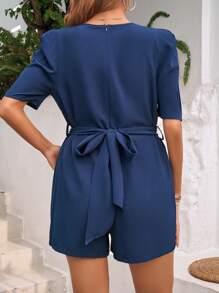 Calvaya Women's Summer Solid Color Round Neck Short Puff Sleeve Casual Romper
