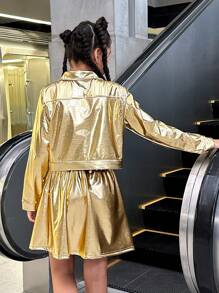 SHEIN Explorewe 2pcs Tween Girl Casual Gold PU Leather Jacket & Mini Skirt Set - Gold - View 2