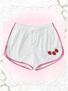 ROMWE Kawaii Quần short thể thao cạp rút thêu họa tiết dâu tây tương phản, đi học - trắng - Xem 1