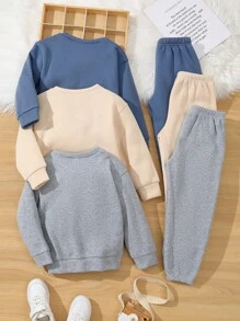 SHEIN 6 件套年轻男孩休闲纯色舒适针织圆领长袖字母印花运动衫和运动裤套装，适合居家、户外、返校、生日、婴儿洗礼、节日派对、秋冬季，羊毛，加厚 - 彩色 - 查看 2