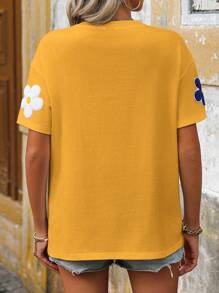 SHEIN LUNE Camiseta de manga corta de cuello redondo holgada con estampado de flores, para verano