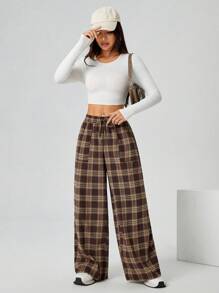 SHEIN PETITE 女式秋冬编织格子口袋阔腿裤