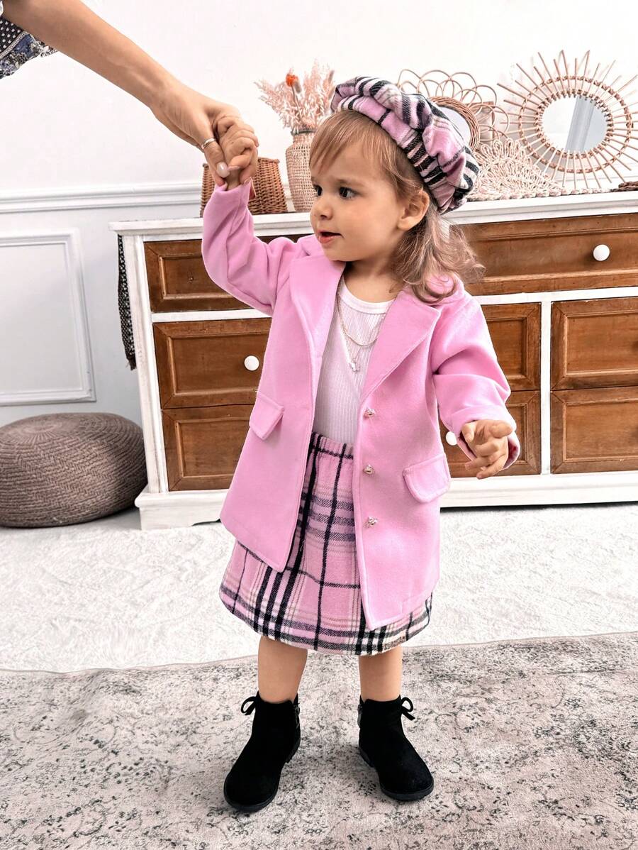 SHEIN 3 件套女童秋冬优雅可爱格子套装带连帽衫，适合休闲、度假、日常穿着 - 彩色 - 查看 1