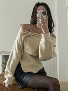 DAZY 2pcs Women's Solid Color Asymmetric Camisole And Pullover Sweater Set,Fall Clothes