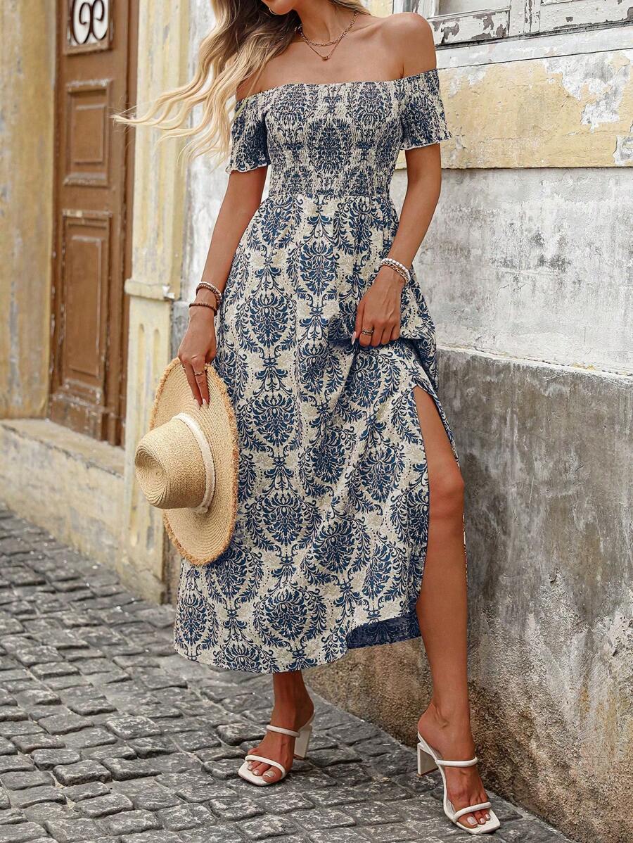 Breezaya 1 件露肩度假休闲全印花高开叉连衣裙