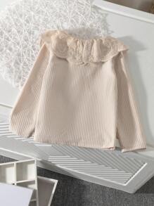 SHEIN Genkimix Kids 年轻女孩杏色罗纹针织长袖 T 恤，带蕾丝花边领，舒适休闲优雅时尚，适合春秋冬季 - 杏色 - 查看 3