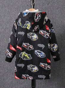 Young Boy Cool Race Car & Letter Graphic Print Thermal Lined Hooded Long Jacket For Fall/Winter, Suitable For Pairing With T-Shirt Or Sweatshirt, Comfortable, Warm And Fashionable Kids Boys Coat