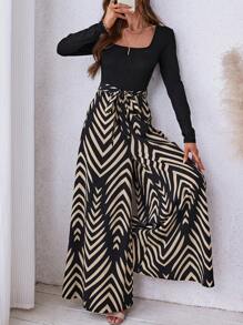 SHEIN LUNE Bộ áo liền quần màu đen, áo liền quần dài tay nữ màu trơn, phối họa tiết hình học, phong cách boho, thường ngày. - Nhiều màu - Xem 1