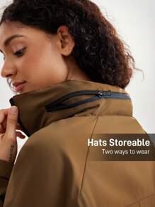 In My Nature 女士纯色拉链连帽夹克，带口袋，休闲外套 - 咖啡棕 - 查看 2