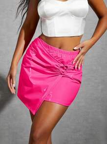 Hauture Ring Linked Asymmetrical Hem PU Leather Skirt