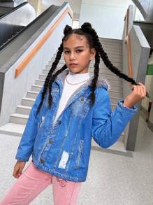 SHEIN Explorewe Tween 女童休闲百搭保暖纹理连帽保暖内衬夹克 - 藍色 - 查看 4