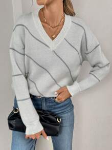 SHEIN LUNE Suéter de punto casual de mujer con bloques de color y rayas, de otoño, jersey de punto para otoño e invierno - Beis - Ver 1