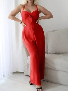 Vaiaye Women's Diamond Hollow Lace-Up Criss-Cross Backless Pleated Jumpsuit, Suitable For Christmas And Valentine's Day - Red - View 11