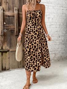 SHEIN Frenchy Women's Spaghetti Strap Backless Leopard Print Tie-Front Ruched Split Dress Brown Summer Vacation Casual Beach Holiday Resort - Coffee - View 3