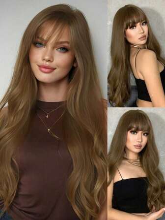 Peluca de cabello ondulado natural de 26 pulgadas con flequillo, diseño de cubo de cabello para niñas, hermosa y encantadora, adecuada para festivales, cosplay, fiestas, uso diario, Halloween, Navidad y otras ocasiones