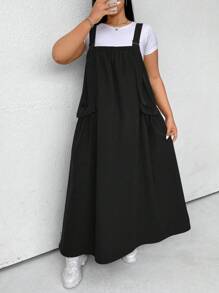 Flirla Plus Size Women Solid Casual Side Pocket Loose Long Overall Dress Maxi Women Outfit - Black - View 4