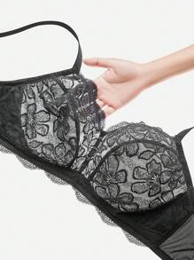 LUVLETTE Plus Black Sexy Lingerie Lounge Curve Full Coverage Unlined Lace Elegance Sheer Breezy Comfort Bralette Minimizer Bra - Black - View 10
