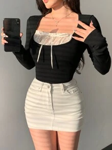 DAZY 女式拼色长袖T恤，秋季服装 - 黑色 - 查看 4