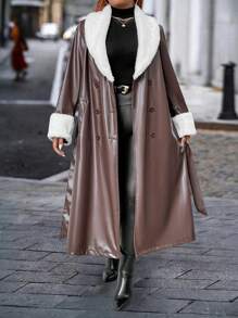 Flirla Plus Size Faux Leather Belted Jacket With Fur Collar And Pockets, Loose Fit - Coffee Brown - View 4