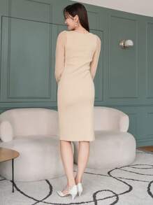 DAZY 女士优雅拼布长袖毛衣裙，适合春秋季节 - 杏色 - 查看 2