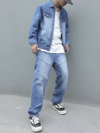 Manfinity Roghcode Herren große Größen Frühling Herbst Lässig Jeans Jacke und Hose Set