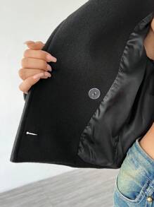 Flirla Women's Turn-Down Collar Long Sleeve Button Elegant Black Short Jacket - Black - View 7