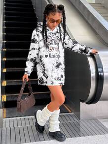 Sparklyn Tween Girls Casual Cool Leopard Print Tie Dye Hooded  With Headshot & Letter Print, Long Sleeve Sweatshirt - Multicolor - View 6