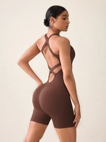 SHEIN Sports Solid Color Wide Strap Criss-Cross Back Simple Fitted Jumpsuit - Brown - View 1