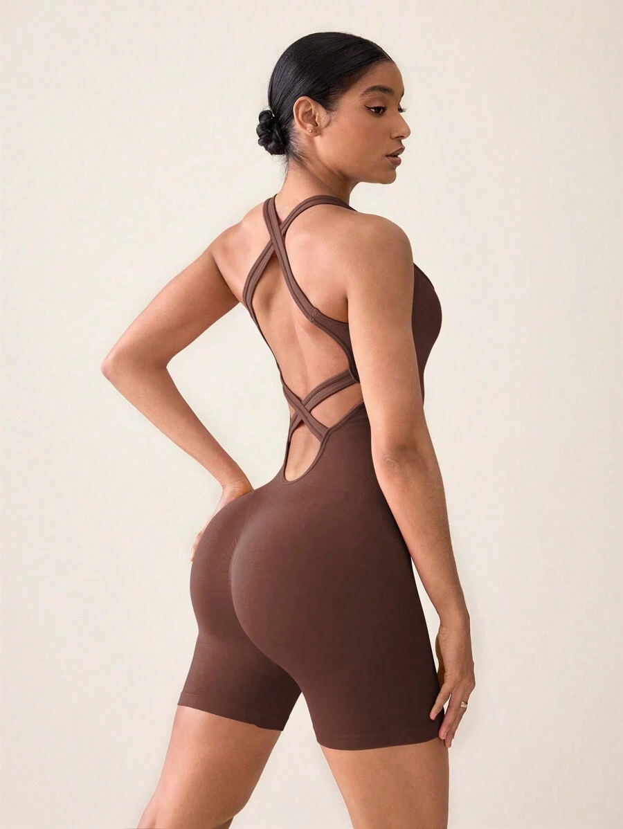 SHEIN Sports Solid Color Wide Strap Criss-Cross Back Simple Fitted Jumpsuit - Brown - View 1