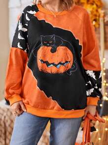 Plus Size Crew Neck Long Sleeve Colorblock Halloween Graphic Loose Pullover Sweatshirt Fall Winter Autumn - Multicolor - View 1