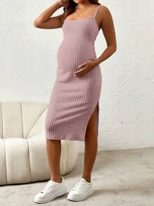 SHEIN 2pcs Maternity Casual Solid Color Side Slit Strap Dress And Long Sleeve Top Set, Spring Autumn - Dusty Pink - View 4