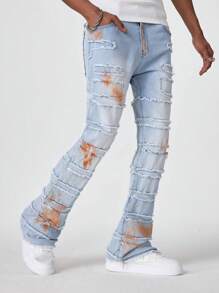 Manfinity EMRG Pantalones vaqueros de campana desgastados de color azul claro desteñido para hombre