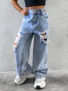 SHEIN Explorewe Young Girl New Casual And Stylish Light Blue Distressed Washed Straight Leg Jeans, School, Campus, College Summer Holiday