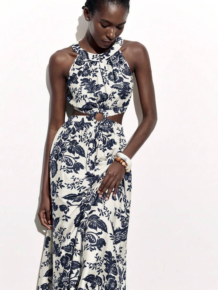 Maija 2026 Spring/Summer Women's Collection Dark Blue Silhouette Floral Print Open-Back Resort Dress With A Cinched Waist And A-Line Silhouette,Summer Beach Vacation,Ummer Dresses For Women,Beach Outfit For Women,Vacation Outfits Women, Floral Dress For Women - Blue - View 1